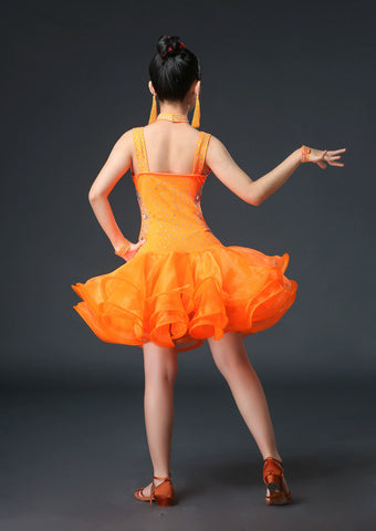 Competition Latin Dance Dresses for Kids Girls Orange White Red Neon Green Rhinestones Competition Grade Salsa Chacha Party Performance Outfits for Kids - Moderndancedress.com