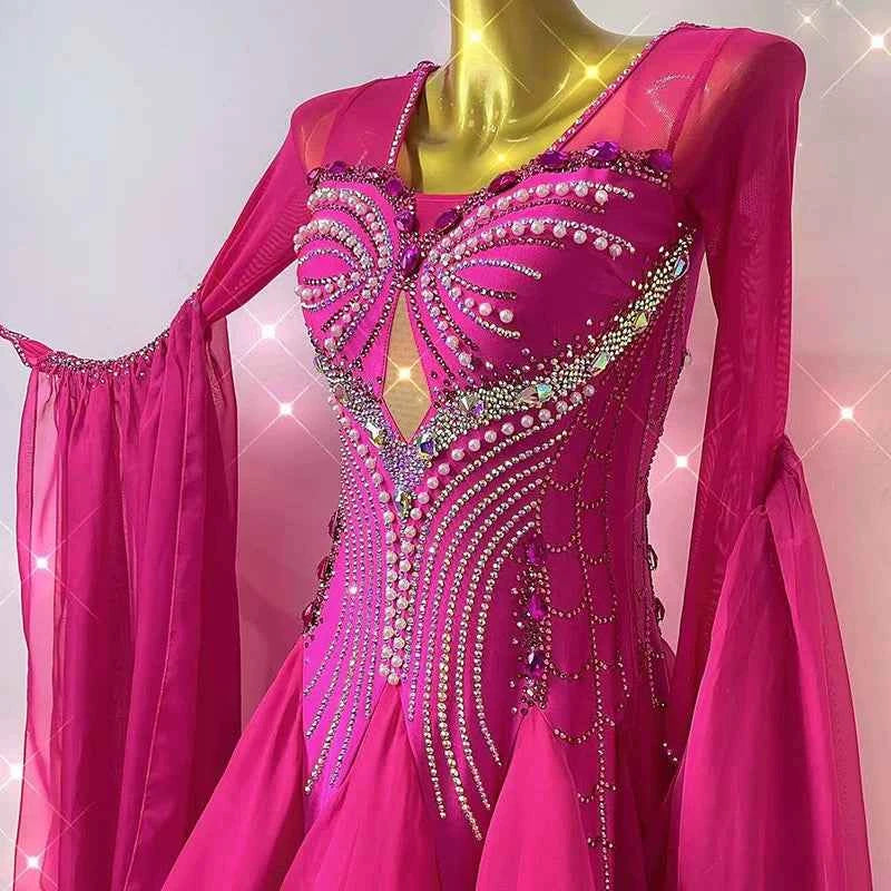 Custom Size Women's Hot Pink Ballroom Dance Dress Rhinestones Smooth Long Sleeves