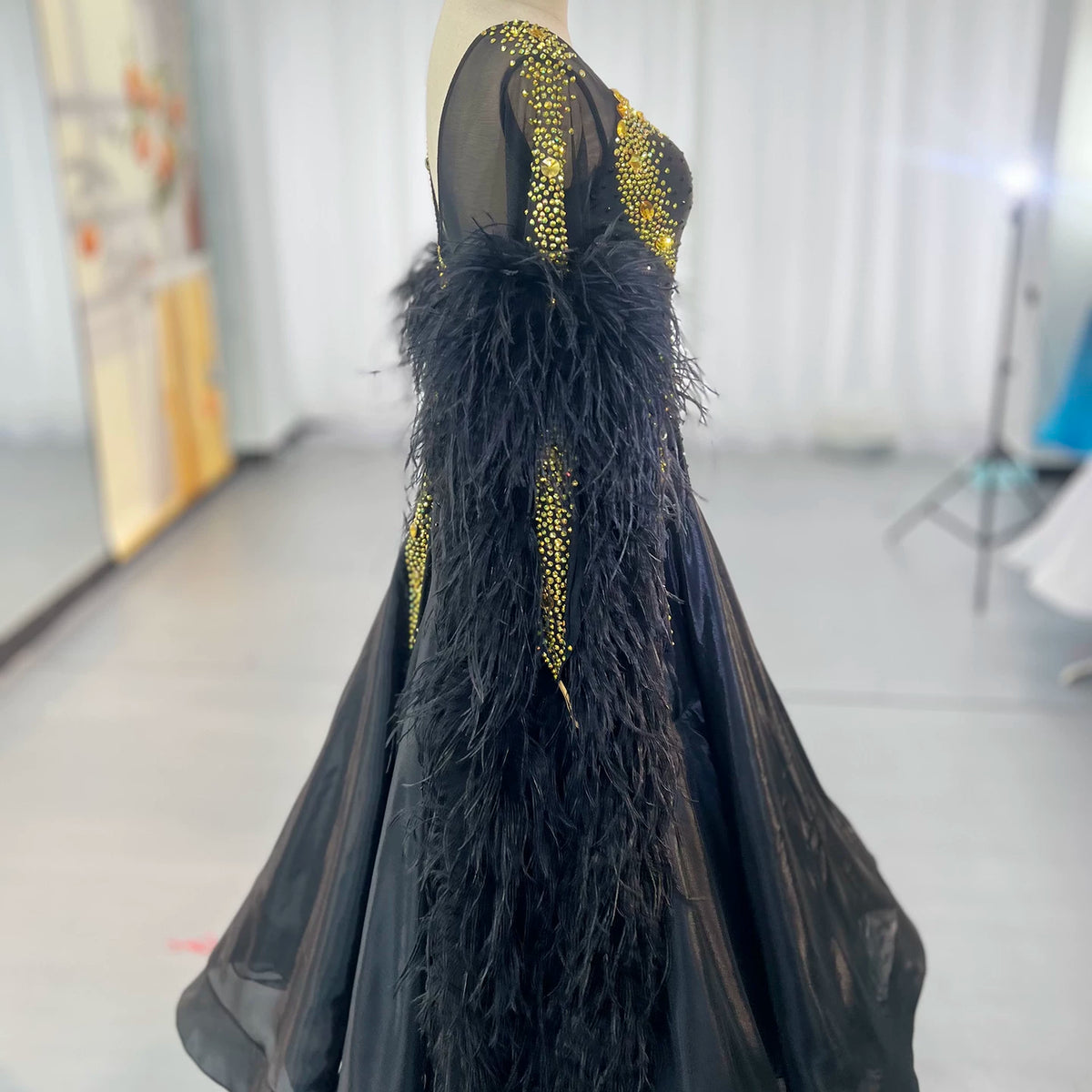 Custom Black and Gold Ballroom Competition Dress with Feathers