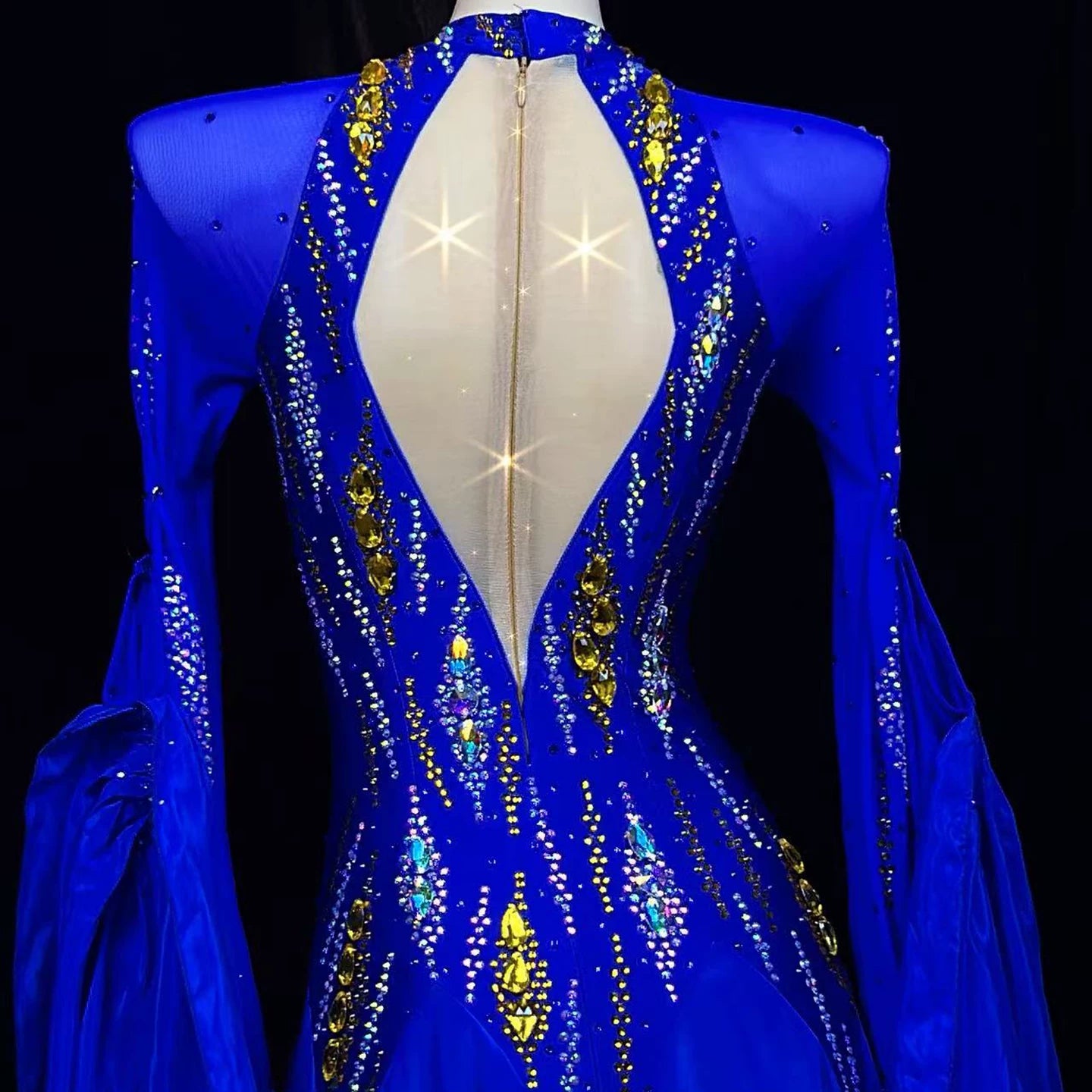 Custom Size Royal Blue Ballroom Competition Dress Gold Rhinestone Waltz Smooth Gown