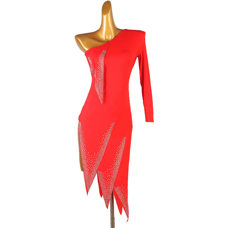 Red Slant neck Latin Dance Dress for women girls Competition one shoulder petals salsa  Rumba Cha Dance Skirt - Moderndancedress.com
