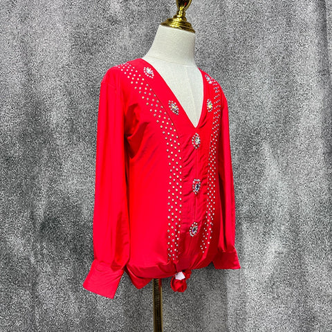Red Rhinestones Latin Dance Shirts for Boys Kids Salsa Ballroom Waltz Latin Stage Performance Body Tops Long Sleeves - Moderndancedress.com