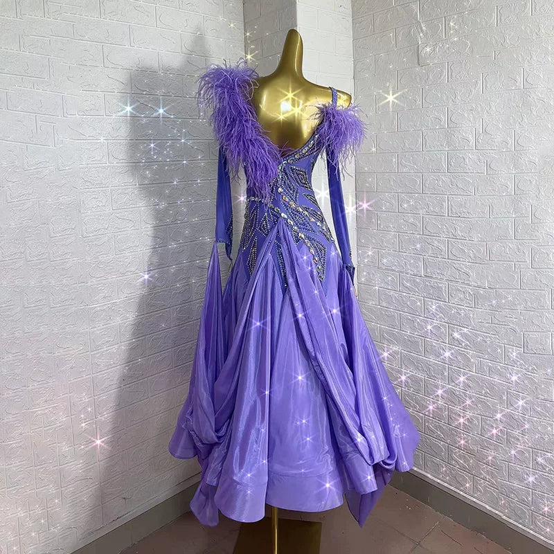 Custom Size Lavender Purple Feather Ballroom Dance Dress  Rhinestone Gown for Waltz Modern Standard Competition
