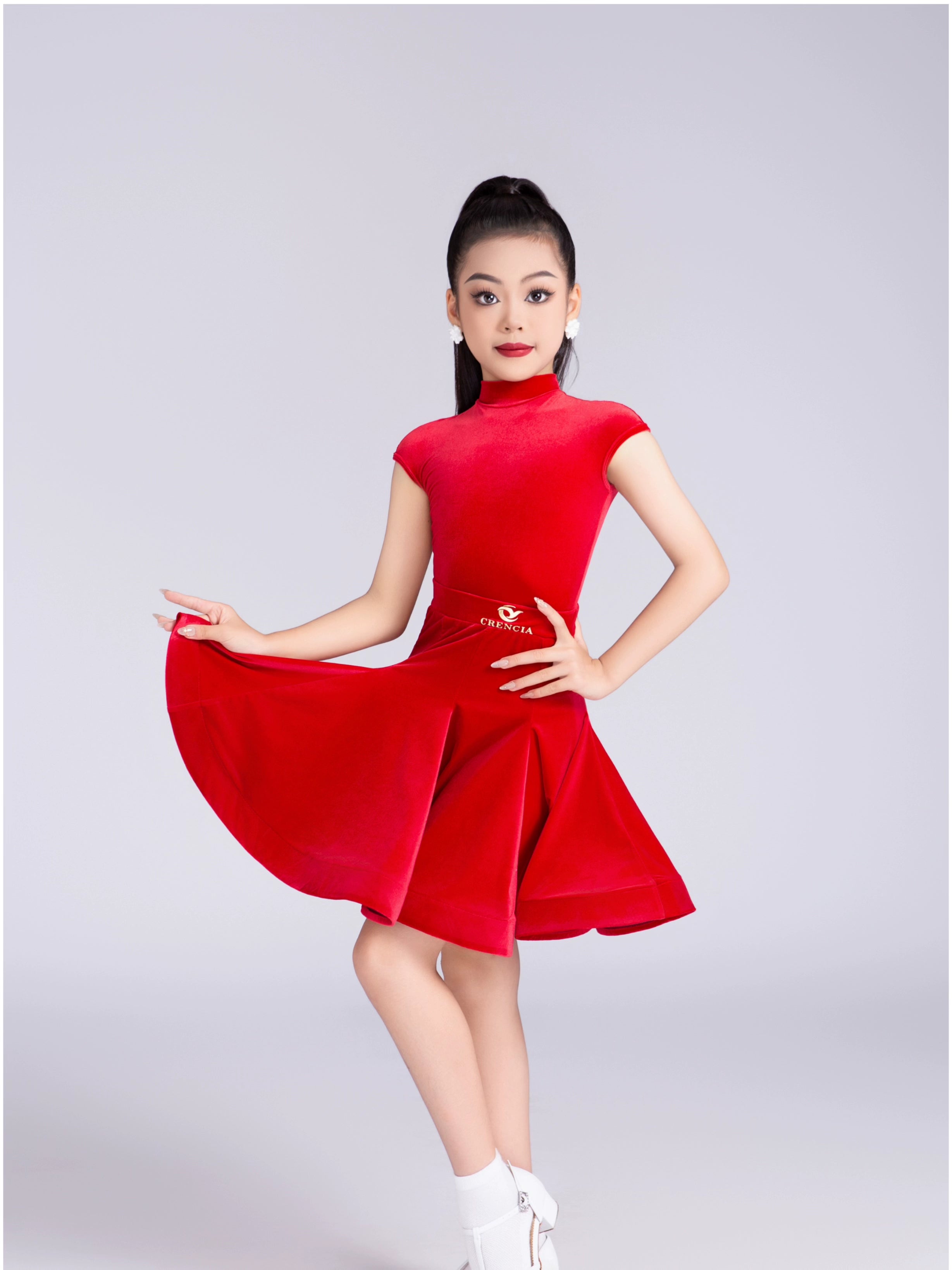 Girls' Blue red velvet latin ballroom dance dresses kids modern dance professional competition clothes for Children - Moderndancedress.com