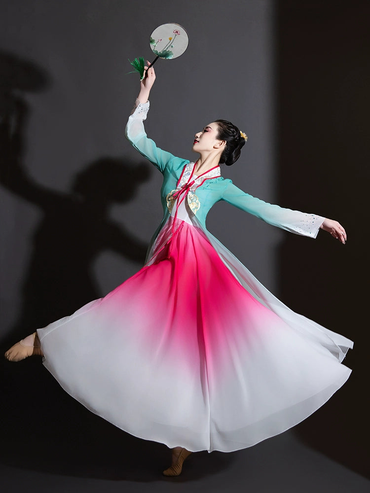 Girls blue pink Taoli Cup chinese folk classical dance costumes fairy hanfu fan dance elegant performance art test dress for women - Moderndancedress.com