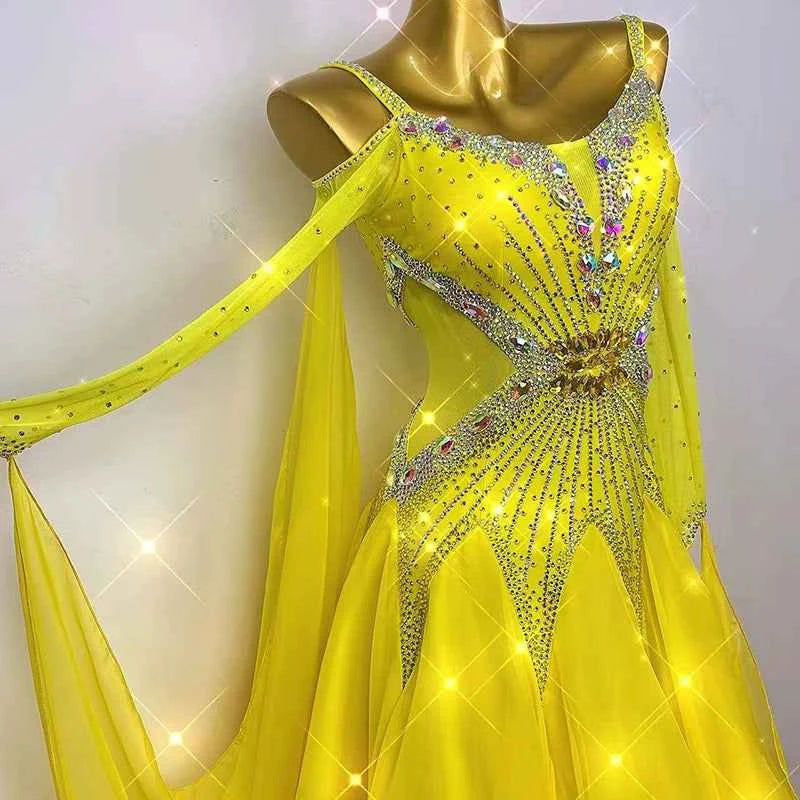 Custom Size Competition Ballroom Dance Dresses for Women Girls Yellow Waltz Tango Foxtrot Dance Long Gown