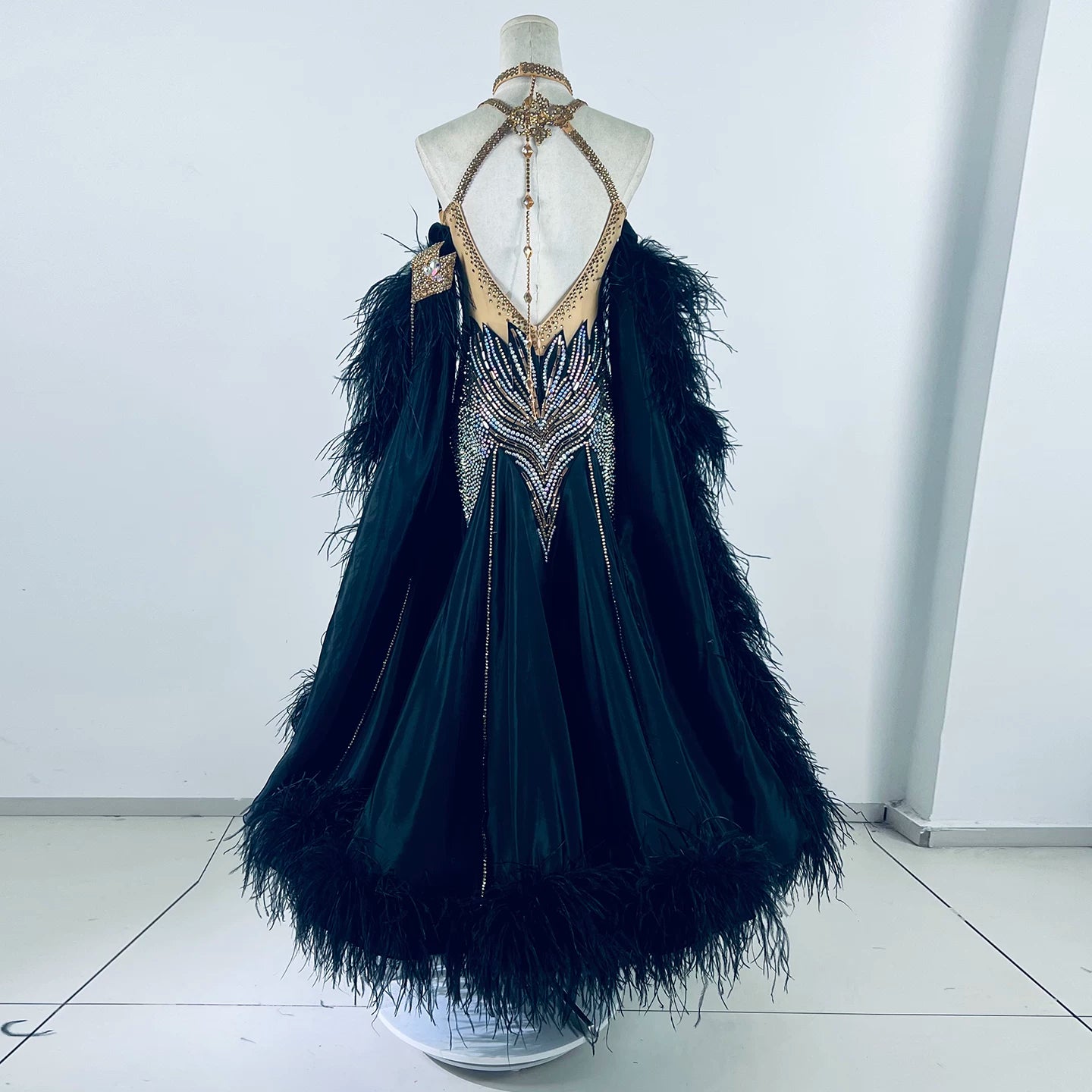 Custom Size Black & Gold Competition Ballroom Dance Dress with Feathers & Crystals