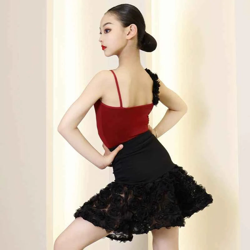 Black with Wine Rose Flowers Girls Latin Dance Dresses Kids Salsa Rumba Performance Costumes for Children