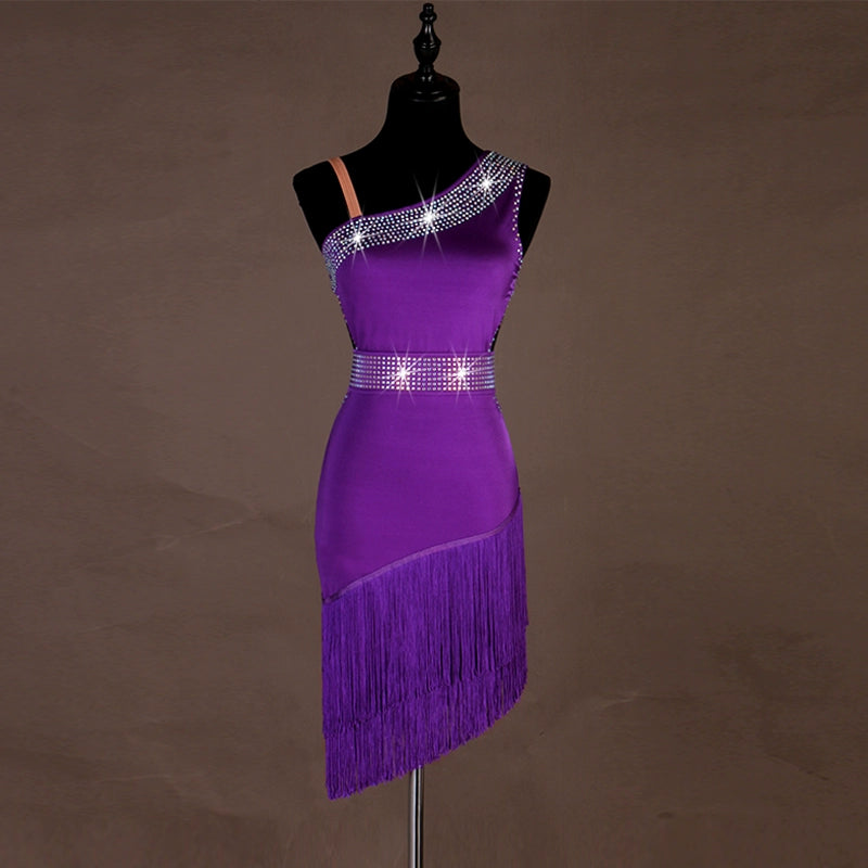Black violet diamond-inlaid Latin dance dress competition professional sexy fringed latin rumba chacha dance dress can be customized - Moderndancedress.com