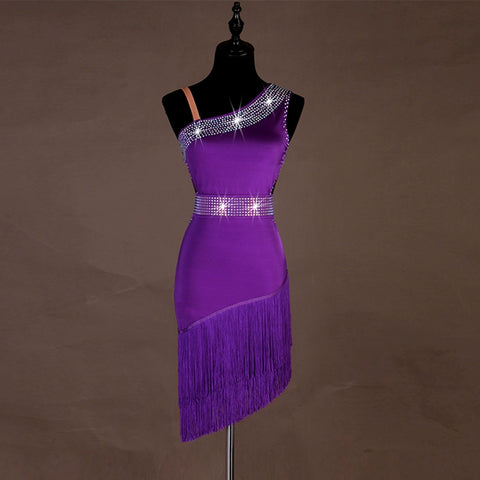 Black violet diamond-inlaid Latin dance dress competition professional sexy fringed latin rumba chacha dance dress can be customized - Moderndancedress.com
