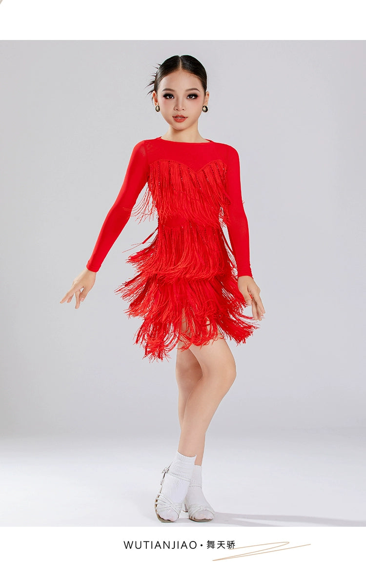 Girls Latin Dance Dresses Blue Red Black Fringe Salsa Rumba Chacha Ballroom Performance Costumes for Kids