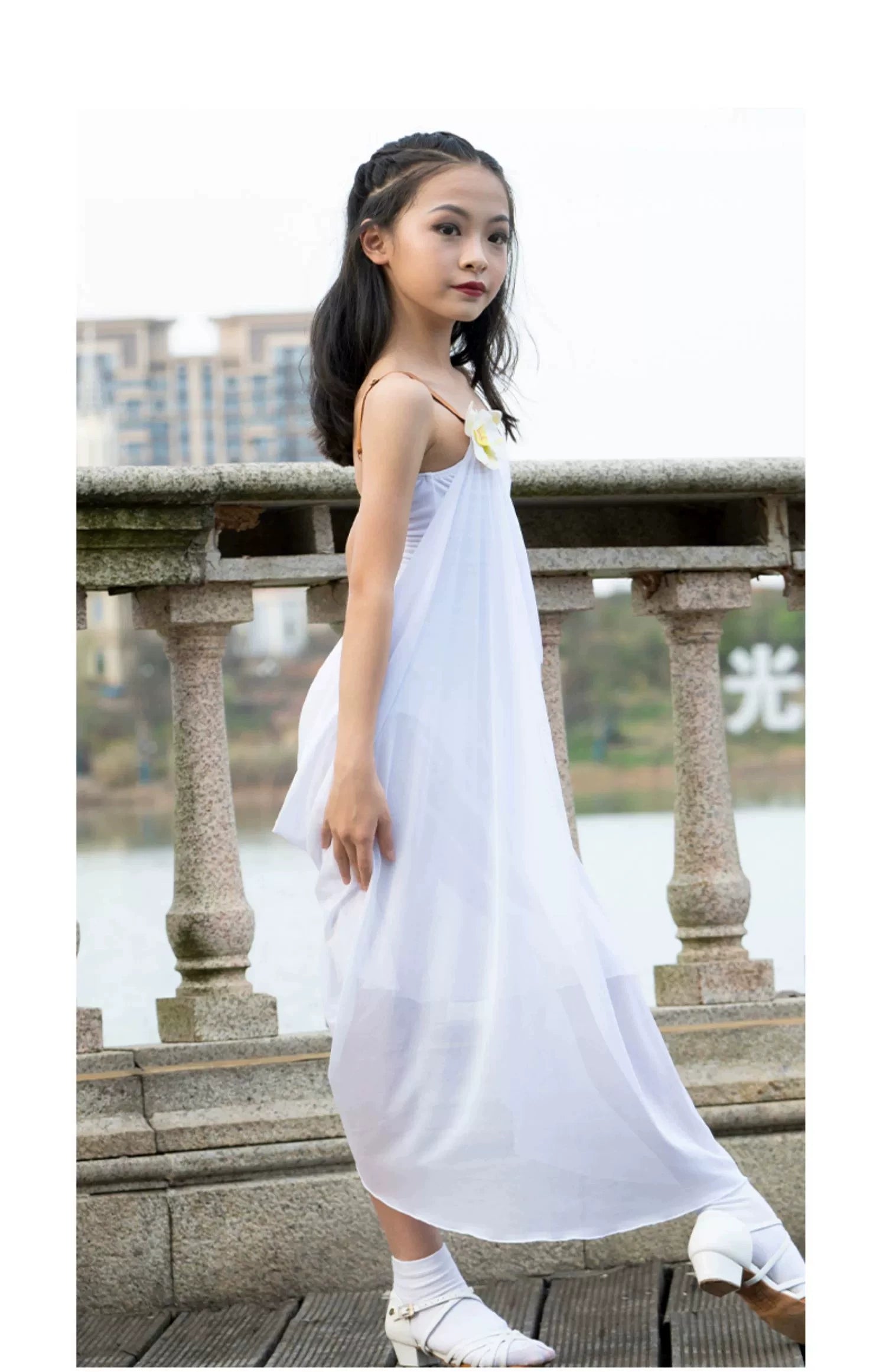Girls kids white flowy latin dance dresses salsa rumba chacha stage performance costumes for children solo dance flower suit - Moderndancedress.com