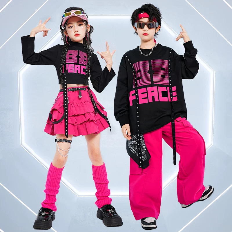 Girls Jazz Dance Costume K-Pop Dance Outfit | Black Crop Top & Pink Tiered Ruffle Skirt Set