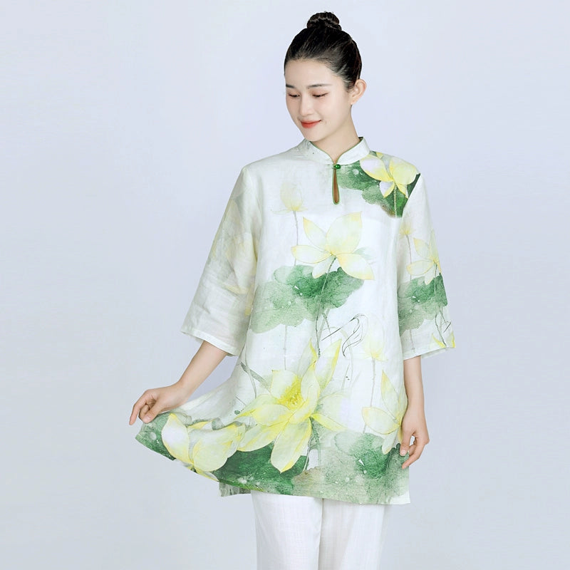Tai Chi clothing for women green lotus linen breathable wushu martial art chinese kung fu morning exercises performance uniform for female - Moderndancedress.com