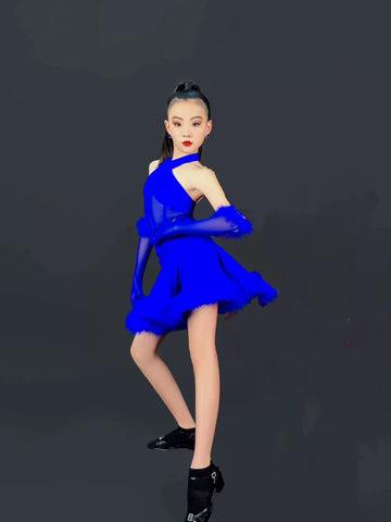 pink white blue feather competition Latin professional dance dresses for kids girls ballroom salsa rumba chacha performance clothes - Moderndancedress.com