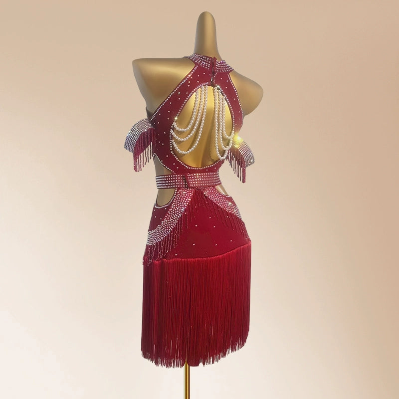 Custom Size Wine Red Bling Fringe Competition Latin Dance Dresses for Women Girls Kids Salsa Rumba Chacha Performance Art Test Dancing Outfits