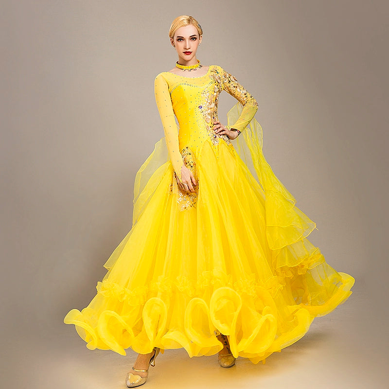 blue yellow Ballroom dance competition dresses for women girls waltz tango modern dance skirt social national dance bling performance gown - Moderndancedress.com