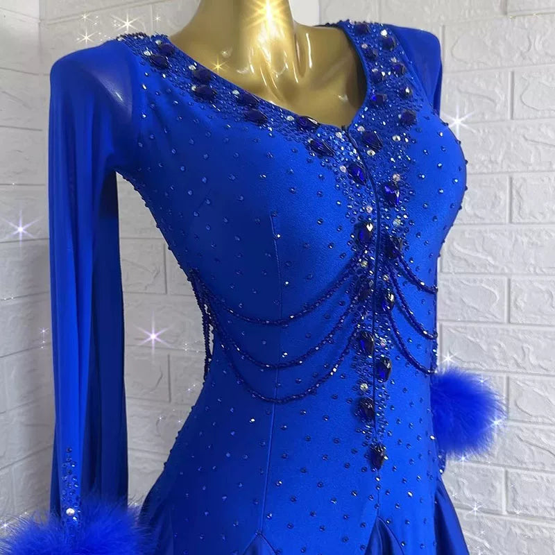Custom Royal Blue American Smooth Ballroom Dance Dress with Feather Cuffs Satin Skirt
