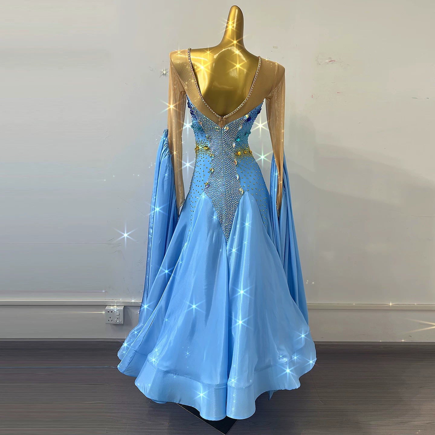 Custom Size Blue Crystal Competition Ballroom Dance Dress Waltz Tango Foxtrot Dance Gown