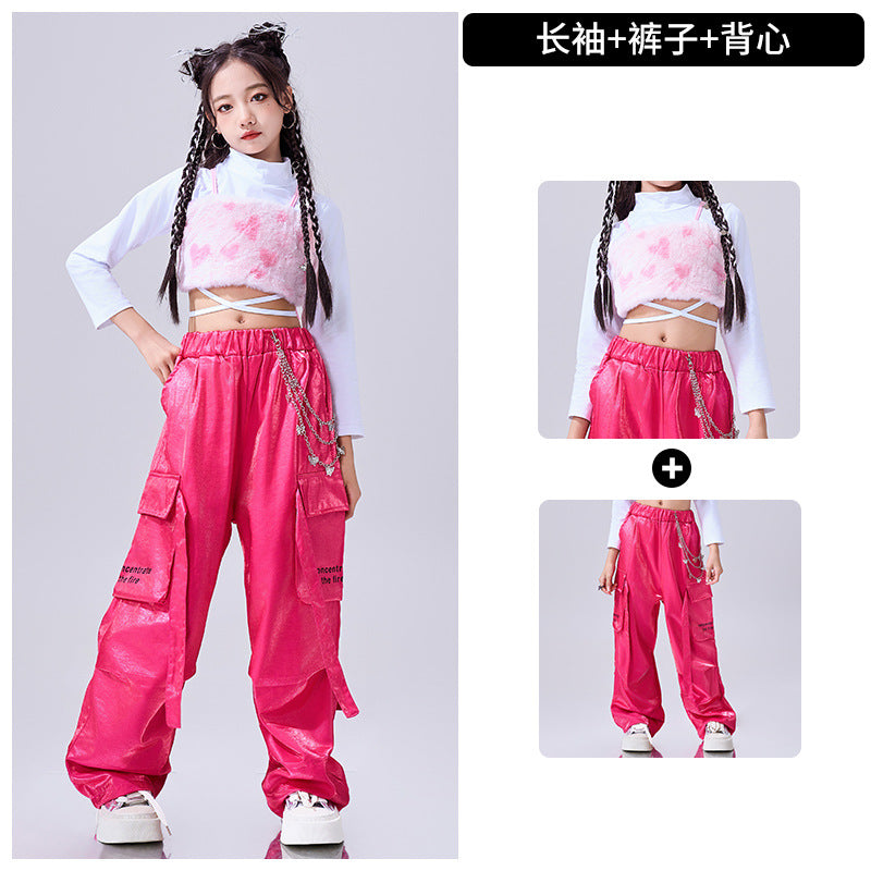 Girls Hiphop Dance Costumes Pink Feather Kids Jazz Gogo Rapper Singers Street Dance Suit Walk Show Outfits