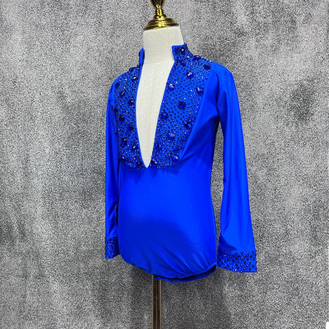 Custom Size Royal Blue Competition Latin Ballroom Dance Shrits for Boys Kids Children Salsa Waltz Latin Performance Gemstones Top - Moderndancedress.com