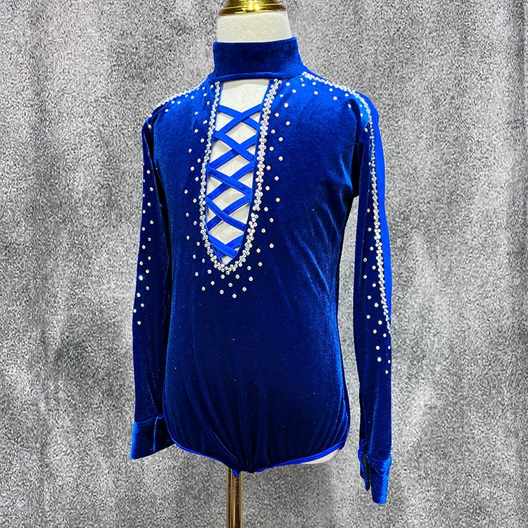 Children Boys Royal Blue Velvet Latin Dance Shirts Kids Rhinestones Turtle Neck Ballroom Latin Dance Competition Leotard Tops - Moderndancedress.com