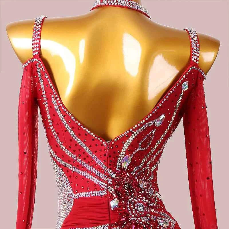 Custom Size Wine Rhinestones Ballroom Dance Dresses Dew Shoulder Long Sleeve