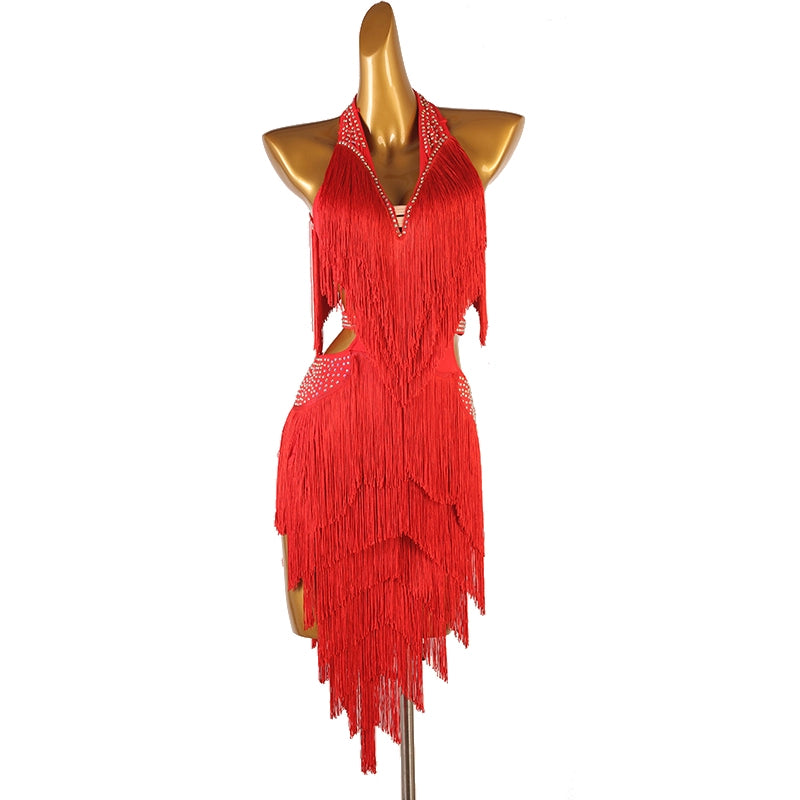 Latin Dance Competition Dresses for Women Girls Navy Yellow Blue Red Purple Dark Green Diamond Haler Neck Latin Salsa Rumba Chacha Dance Costumes - Moderndancedress.com
