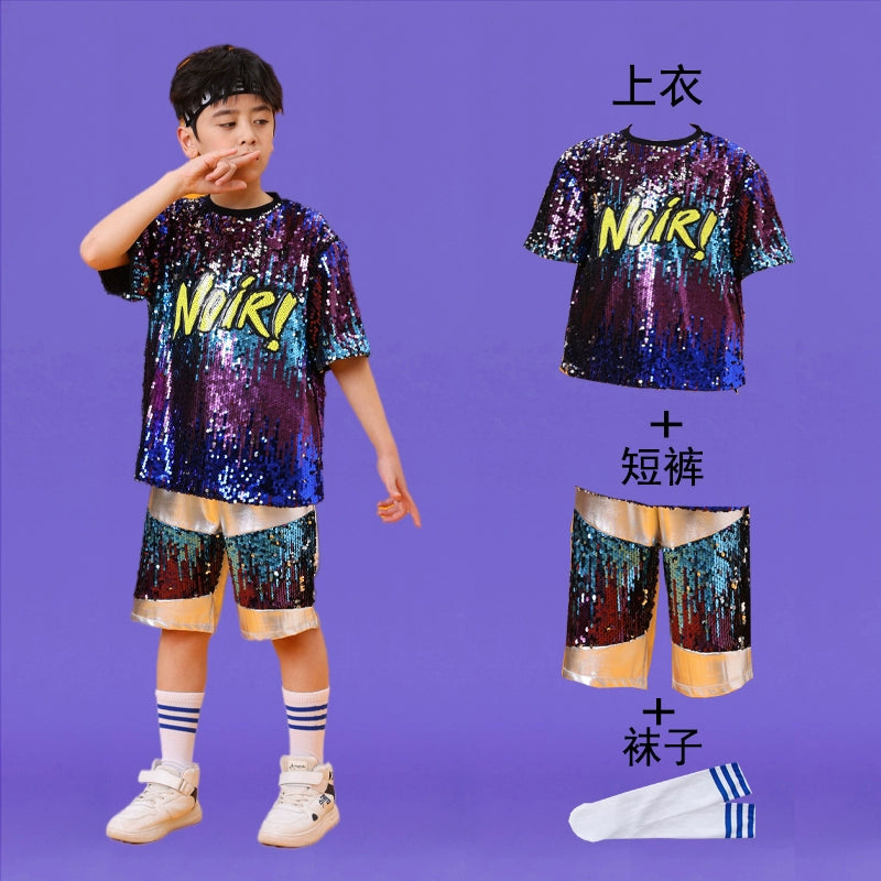 Children Blue Silver Sequins Jazz Dance Costumes for Boys Girls Street Rapper Singer Party Drum Hip Hop Dance Stage Performance Clothing Modern Dance Outfits - Moderndancedress.com