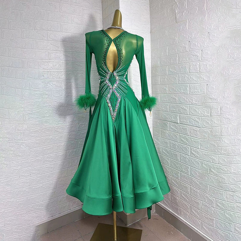 Custom Size Green Pearl Satin  Competition Ballroom Dance Dresses for Women Girls Waltz Tango Smooth Dance Long Gown - Moderndancedress.com