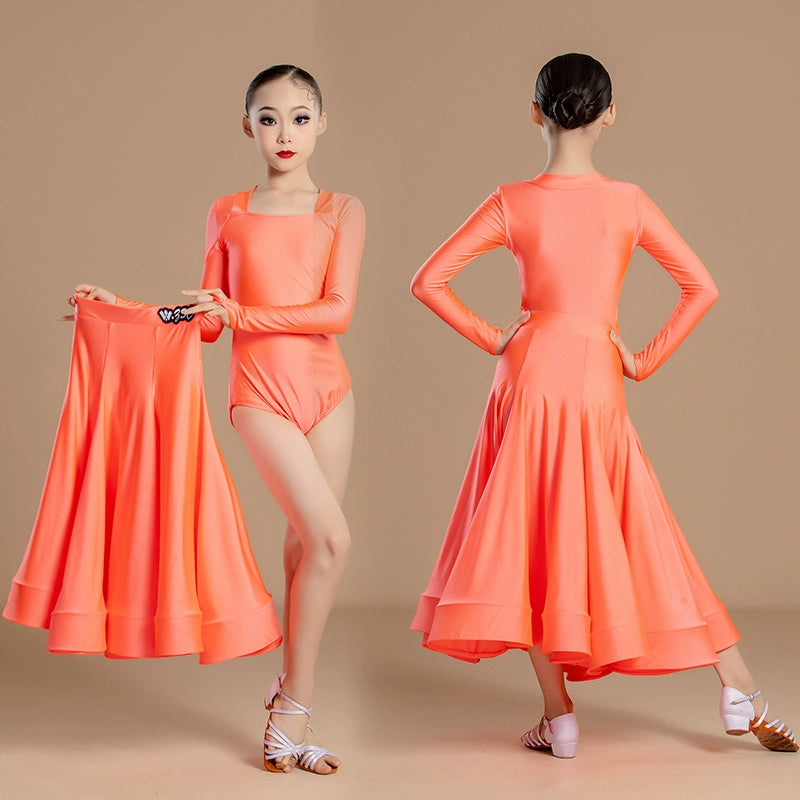 Modern ballroom dance dresses for girls kids orange green waltz tango regulation latin ballroom standard dance clothes Large skirt - Moderndancedress.com