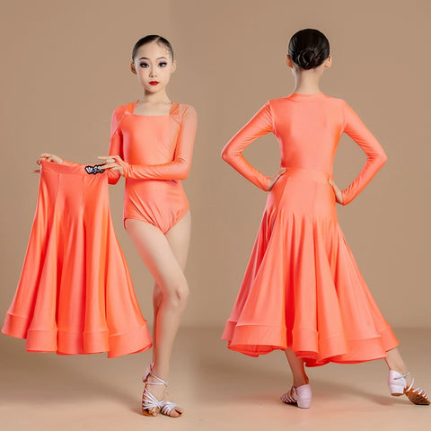 Modern ballroom dance dresses for girls kids orange green waltz tango regulation latin ballroom standard dance clothes Large skirt - Moderndancedress.com