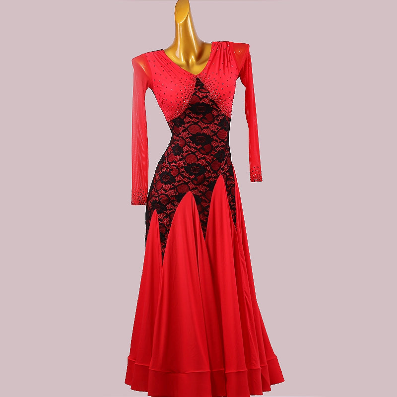 Custom Size Red Lace Competition Ballroom Dance Dresses for Women Waltz Tango Foxtrot Rhythm Dance Long Gown