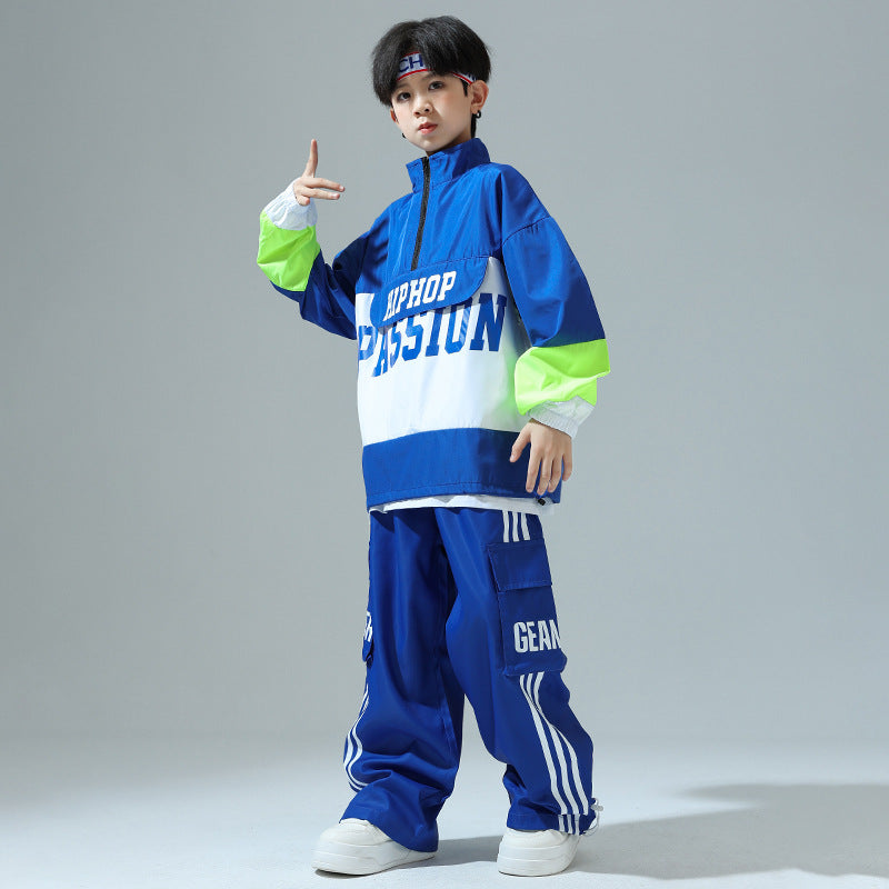 Children's Blue Hip-hop Jazz Dance Costumes Boys Girls Street Sports Opening Ceremony Performance Outfits Rapper Singers Gogo Dancers Wear - Moderndancedress.com