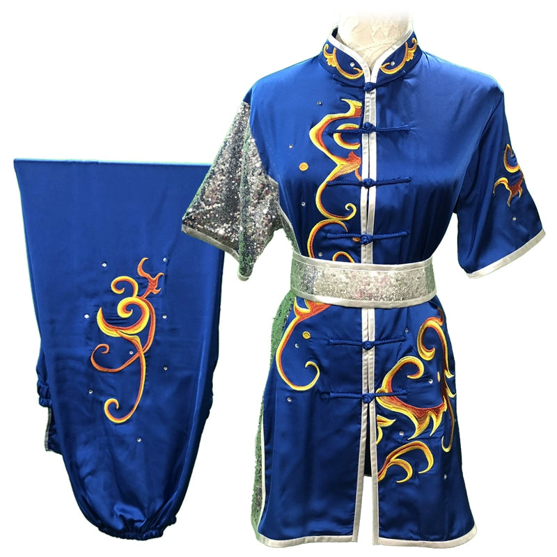 Chinese Martial Arts Clothes Kungfu Clothe Wushu Competition Performing Colorful Clothes, Embroidery Cloud Lake Blue Male and Female Adults