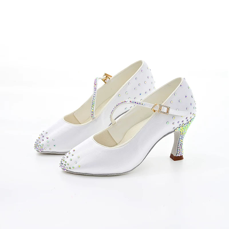 Women Bronze White Ballroom Dance Shoes Latin Salsa Chacha Performance Shoes Soft Soles