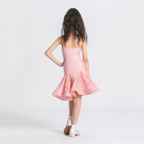 Children's pink rose flowers latin dance dresses girls salsa rumba chacha dance outfits flower dance wear for kids - Moderndancedress.com
