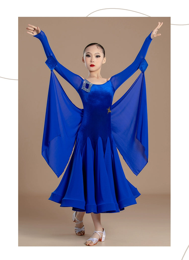 Girls Royal Blue Velvet Modern Ballroom Dance Dresses Rhinestones Waltz Tango Long-sleeved Party Dance Dress for Kids - Moderndancedress.com