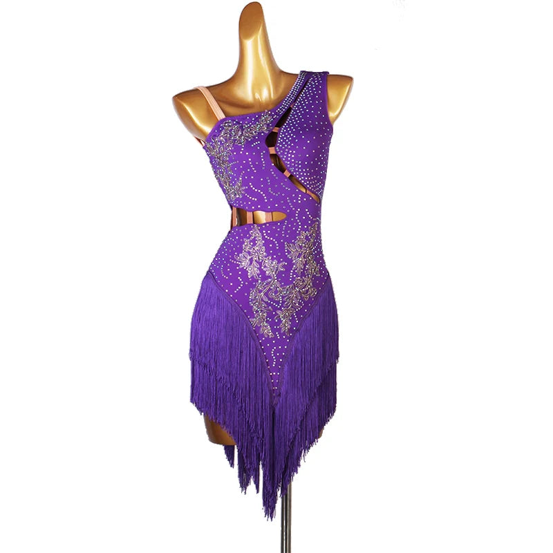 Slant Neck Yellow Blue Red Green Orange Latin Dance Competition Dresses for Women Girl Rumba Salsa Chacha with Stones Performance Clothes - Moderndancedress.com