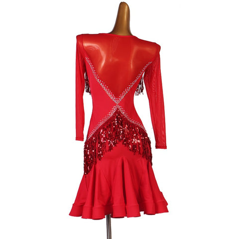 Black red tassel diamond Latin dance dress for women stage performance competition latin suit professional rumba chacha jitba dance skirt - Moderndancedress.com