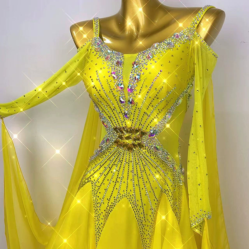 Custom Size Competition Ballroom Dance Dresses for Women Girls Yellow Waltz Tango Foxtrot Dance Long Gown - Moderndancedress.com
