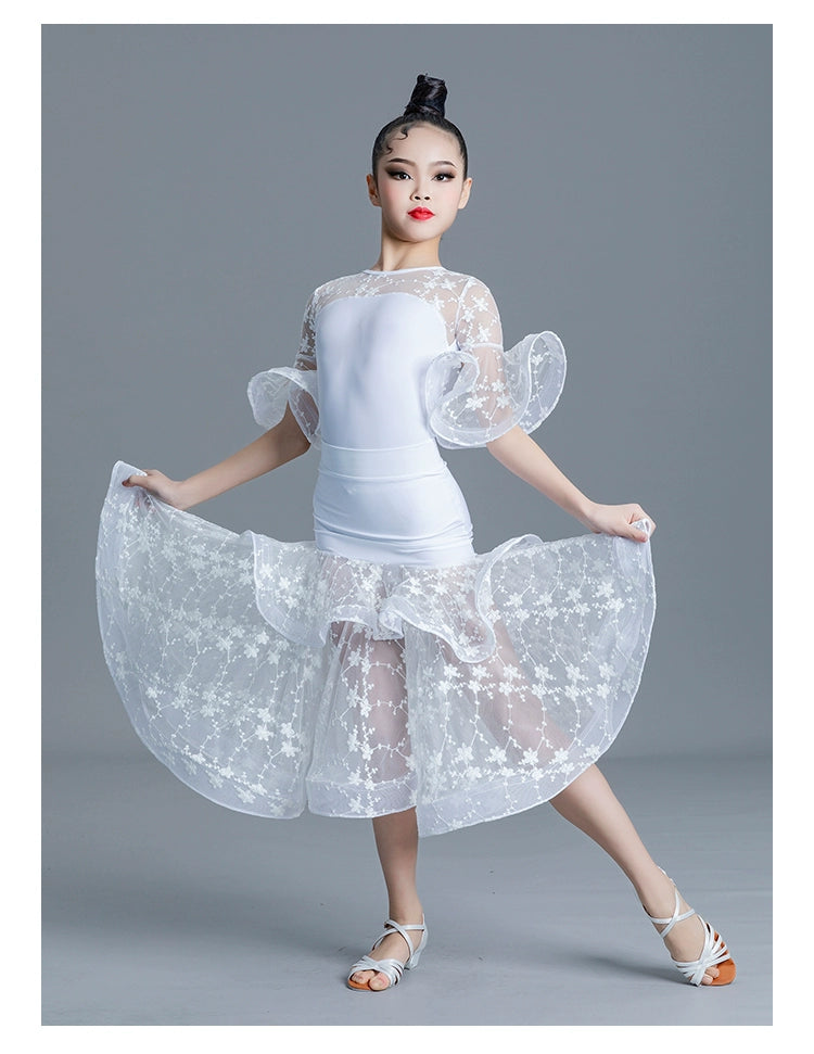 Children' Girls White Pink Green Lace Ballroom Dance Dresses for Kids Waltz Ballroom Tango Dance Competition Performance Clothes - Moderndancedress.com