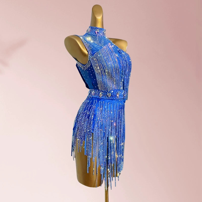 Custom size Blue gemstones competition latin dance dresses for women girls Children's salsa rumba chacha solo art test dance clothes - Moderndancedress.com