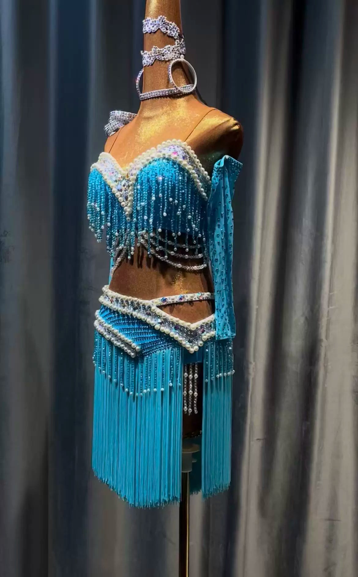 Custom Turquoise Latin Dance Dress with Crystals Competition Ballroom Salsa Blackpool Dance Wear