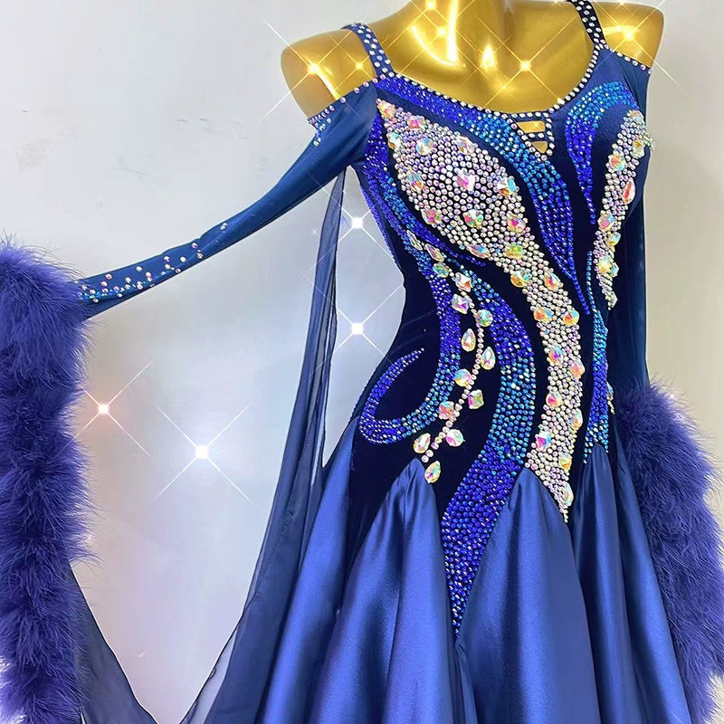 Custom Size Blue Ballroom Dance Dresses for Women Girls Waltz Tango Rhythm Smooth Modern Dance Long Gown for Female - Moderndancedress.com