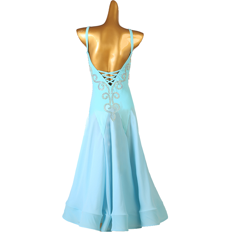 Blue black Modern ballroom dance dresses for women girls sleeveless fringe waltz tango foxtrot rhythm competition gown - Moderndancedress.com