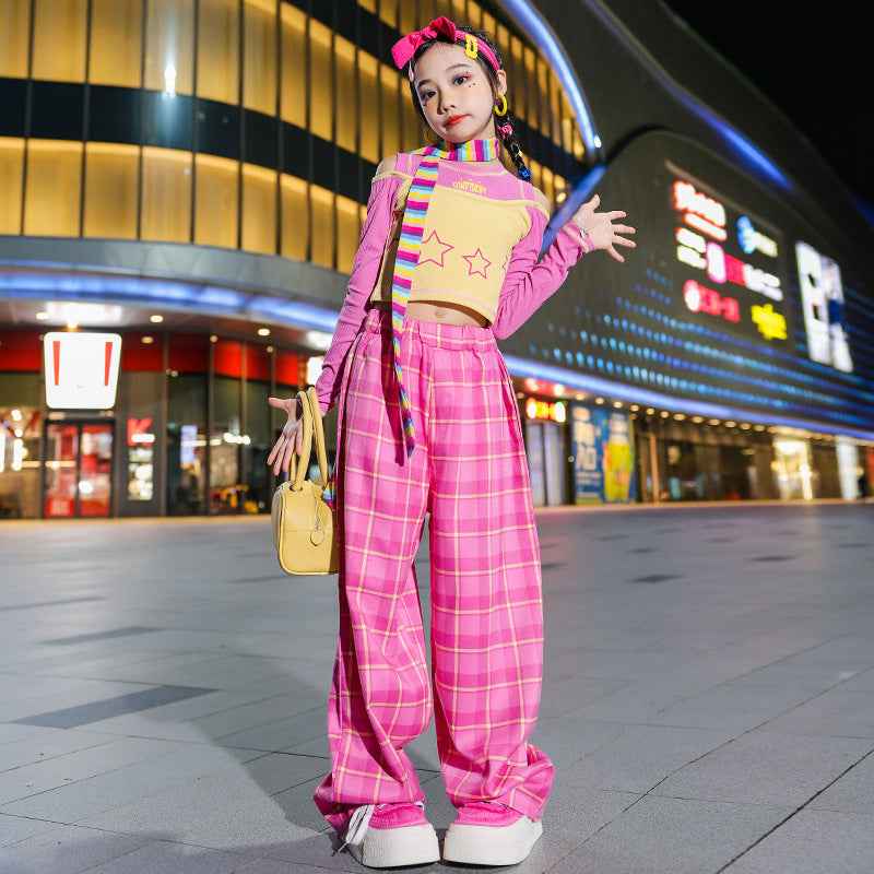 Girls Jazz Costumes Girls off Shoulder Long-Sleeve Suit Korean Fashion Fried Street Girls Jazz Catwalk Performance Wear - Moderndancedress.com