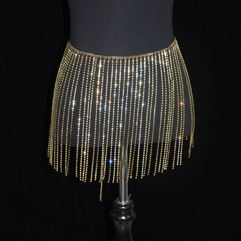 Women girls latin jazz rave dance Rhinestone tassel waist chain hollow bling hot pole dance tassel skirt belly dance body chain belts - Moderndancedress.com