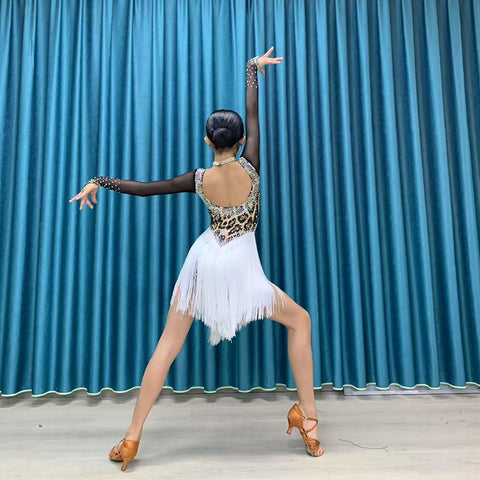 Custom Size Leopard Competition Latin Dance Dresses for Women Girls Salsa Rumba Chacha Performance Outfits