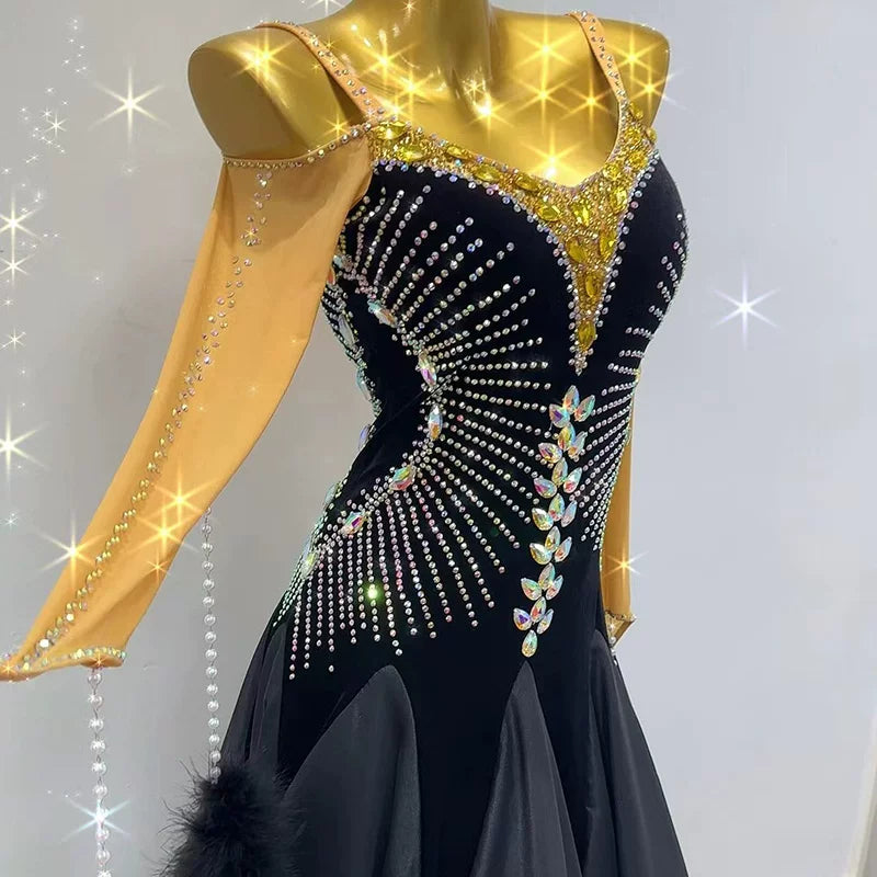 Customized Black Velvet Gold Stones Competition Ballroom Dance Dress Waltz Tango Rhythm Smooth Dance Gown